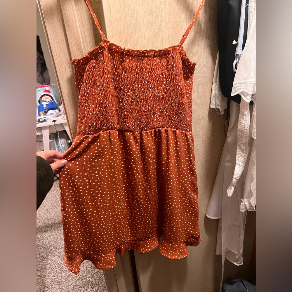 Summer babydoll orange polka dot dress. Size L. brand: Cloud Sky
